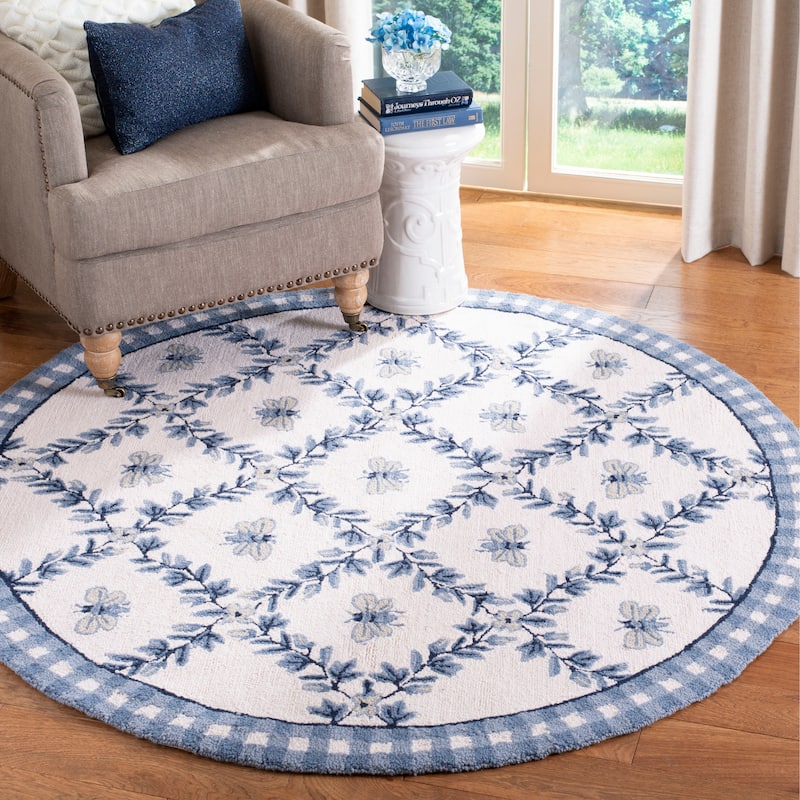 SAFAVIEH Handmade Chelsea Aubree French Country Trellis Wool Rug - 4' Round - Ivory/Blue - Round