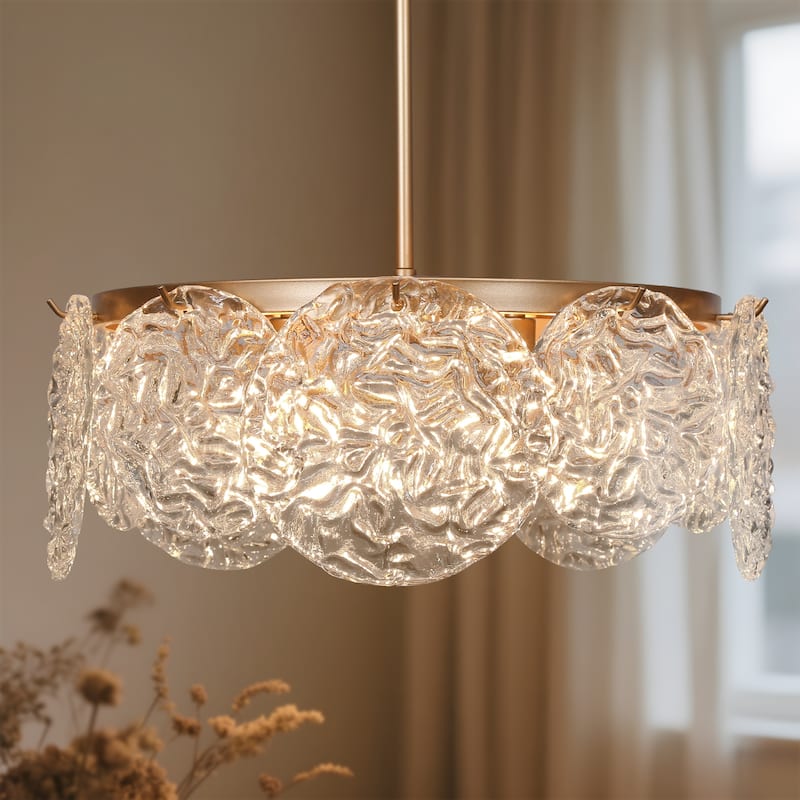 Modern Glam 5-Light Gold Drum Chandelier Glass Pendant Lights for Dining Room