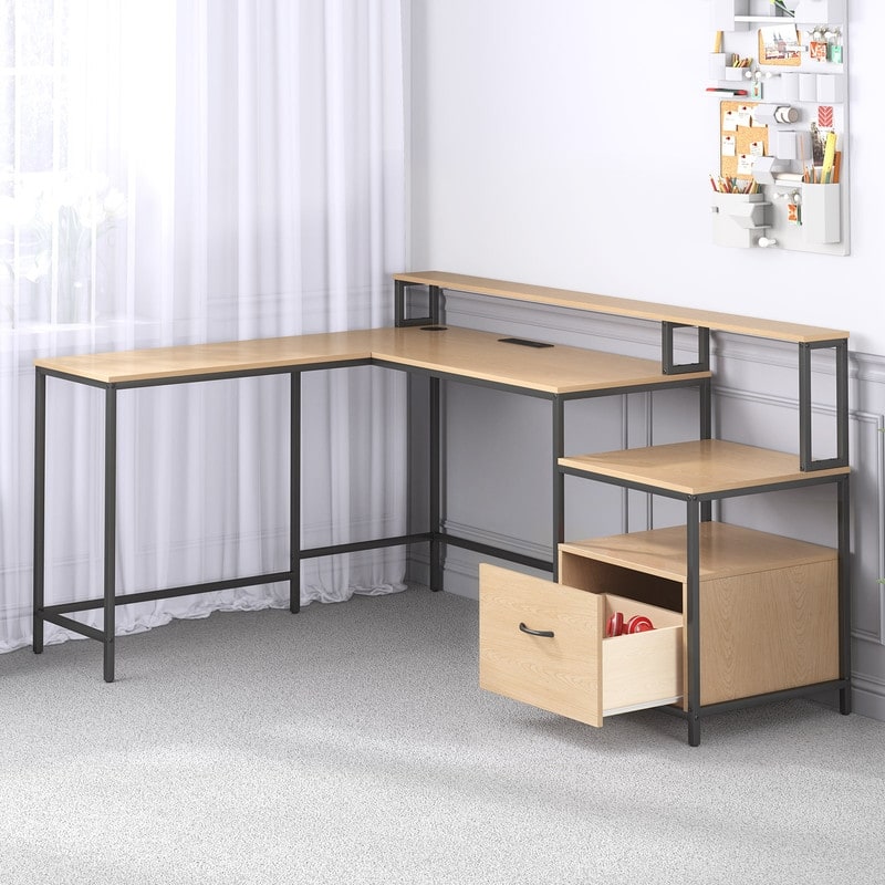 Mixoy L Shaped Computer Gaming Desk with File Cabinet&Power Outlet,Home Office Desk with Storage Shelf,Drawer,Monitor Stand