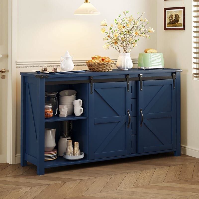 Farmhouse 55.1" Sideboard with Sliding Barn Doors and Storage Drawers, Wood Buffet Table with Power Outlet