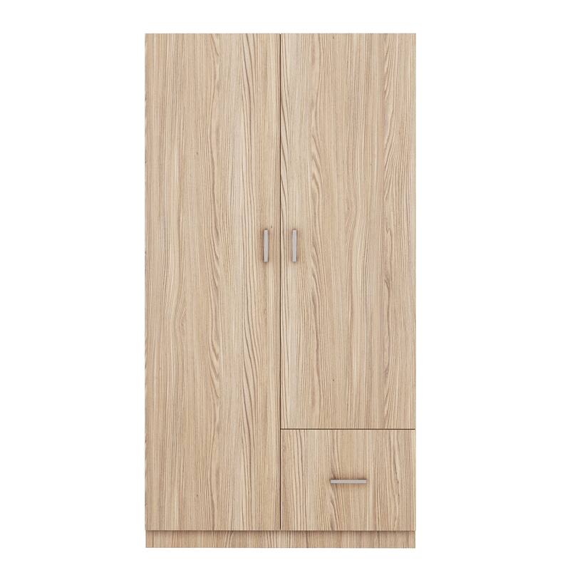 Wooden Floor Wardrobe with Double Doors, Modern Armoire with 5 Fixed Shelves, Storage Drawer Built-in Hanging Rod for Bedroom