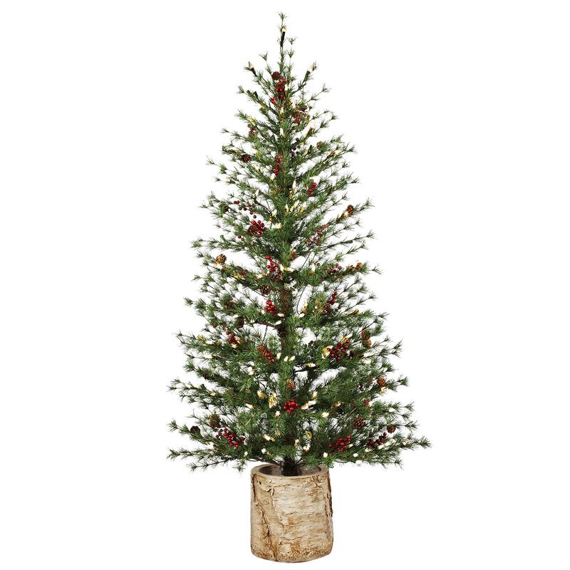 5 ft. Pre-Lit Artificial Christmas Tree with Resin Birch Pot