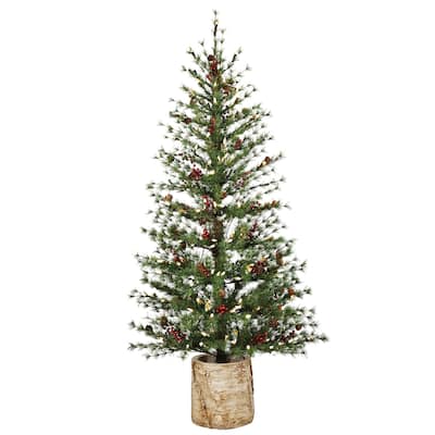 5 ft. Pre-Lit Artificial Christmas Tree with Resin Birch Pot