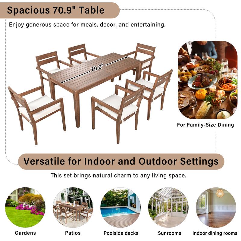 7 Pieces Acacia Wood Outdoor Dining Set with Cushions,Modern 6 Chairs and 1 Large Table, Dining Furniture Set