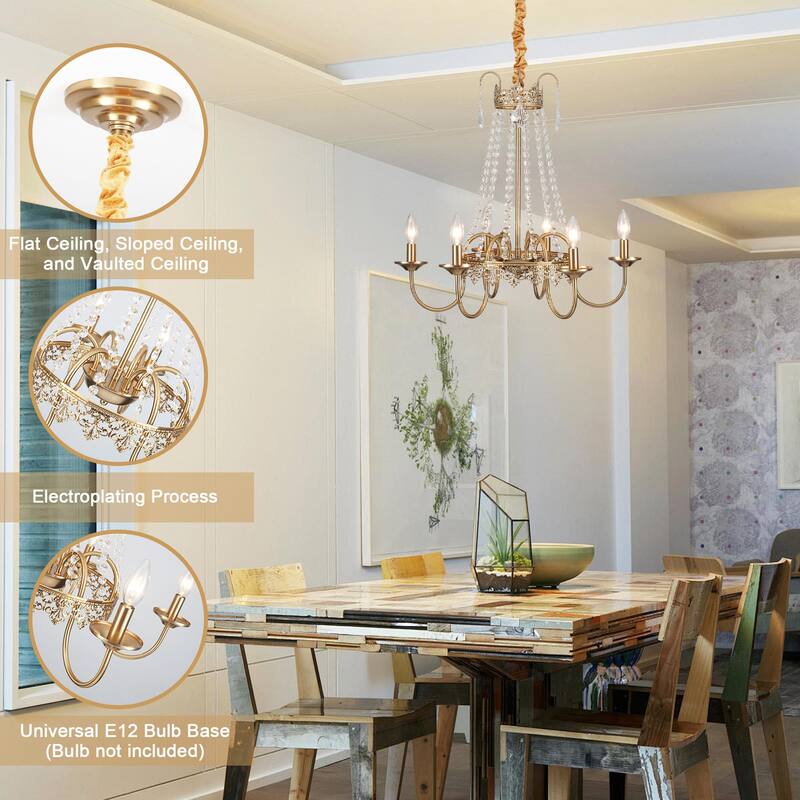 6-Light Candle Design Hanging Crystal Linear Chandelier Lighting for Kitchen Island
