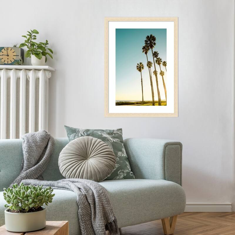 Palms and Ocean by Elena Chukhlebova Wood Framed Wall Art Print - Woodgrain Stripe Blonde
