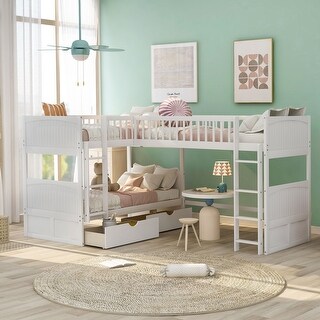 Twin Size Bunk Bed with Attached Loft, 2-Drawers for Storage, Play or Study Space Below, Stylish White Design