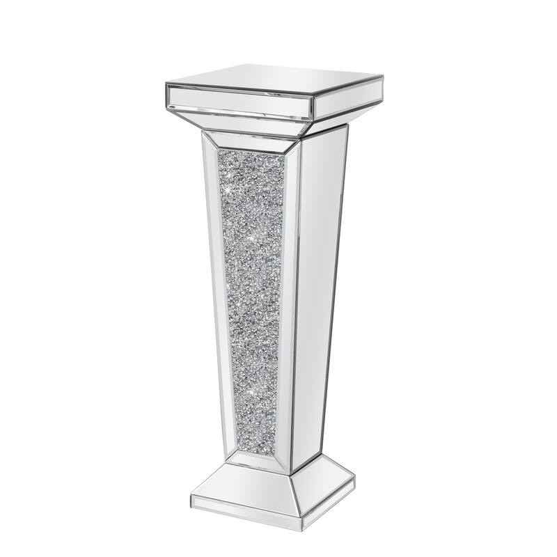HomeRoots 35" Silver Mirrored Glass And Faux Crystals Pedestal Accent Table - 12.60 in. x 35.43 in. x 10.24 in.