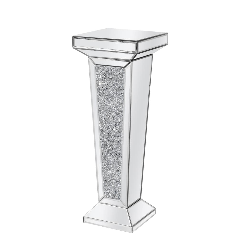 HomeRoots 35" Silver Mirrored Glass And Faux Crystals Pedestal Accent Table - 12.60 in. x 35.43 in. x 10.24 in.