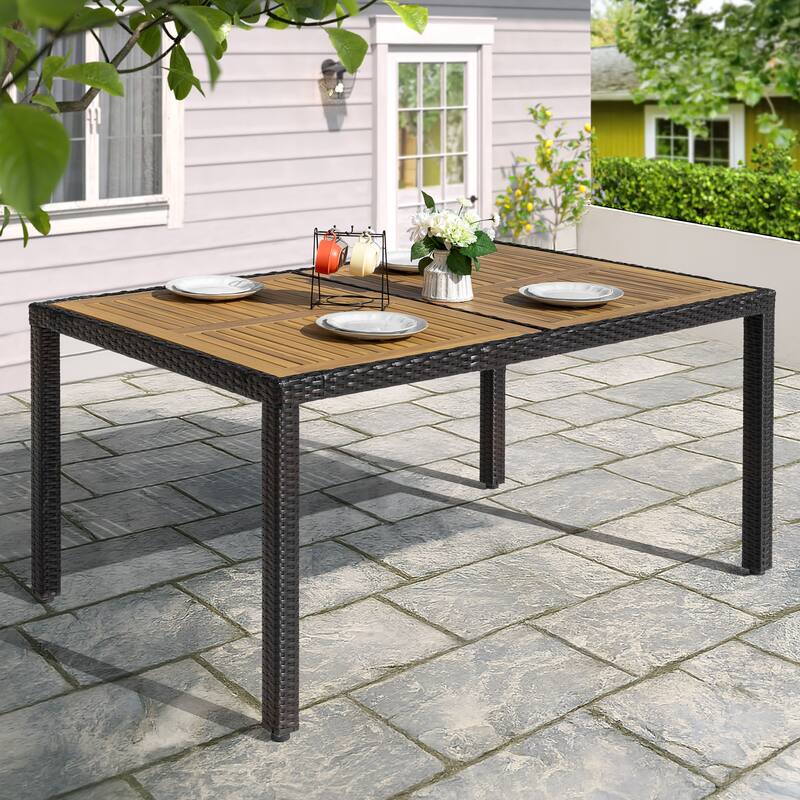 Patio Dining Table, Acacia Wood Top, PE Rattan-Wrapped Metal Frame, Black