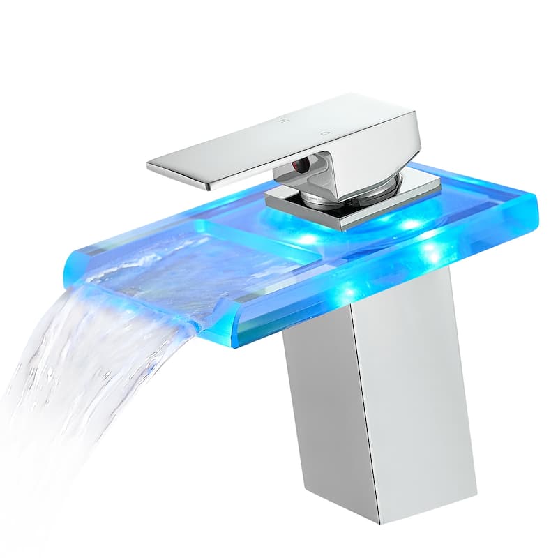 Bathroom Sink Faucet LED Light Changing Waterfall Glass Spout Mixer Single Handle One Hole Deck Mounted Bathroom Faucet - Chrome
