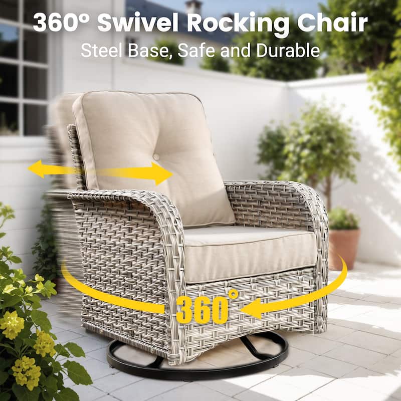 OVIOS 10 Pieces Outdoor Wicker Swivel Chair Set With Solar-Powered Coffee Table