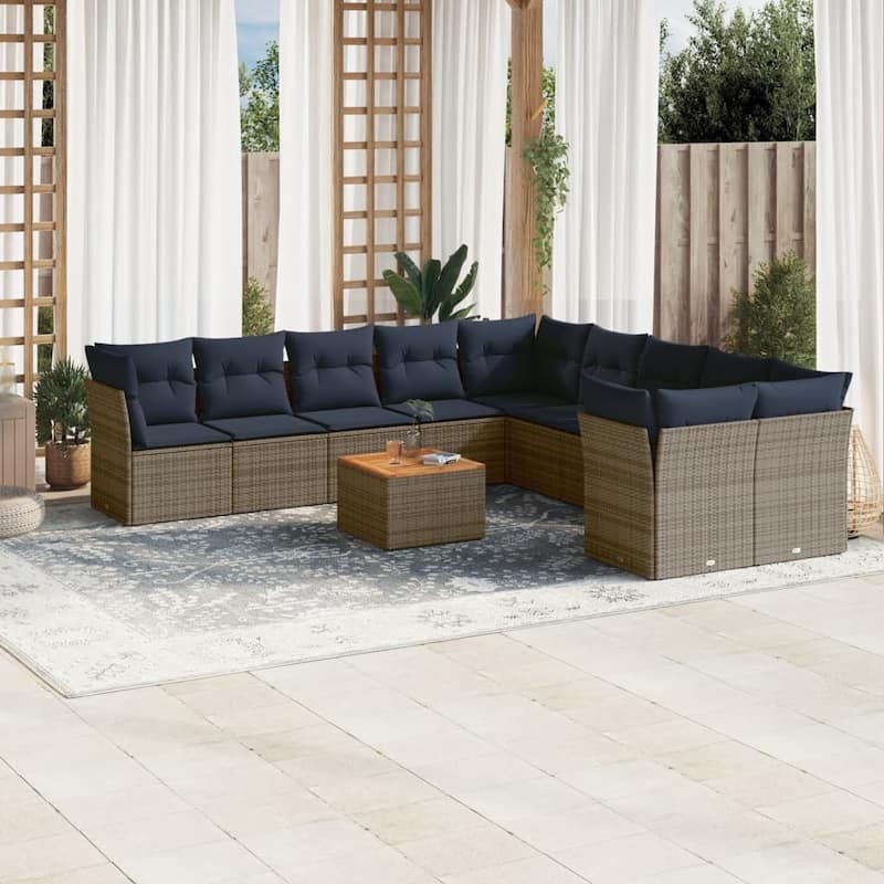 vidaXL Patio Sofa Set with Cushions Outdoor Furniture 11 Piece Poly Rattan - 24.4x 24.4x 27.2 - Grey-form 3