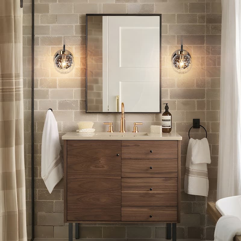 Modern Farmhouse Black Gold 1-Light Wall Sconces Globe Bathroom Vanity Lights - Light fixture: W 5" x D 8" x H 7.5"