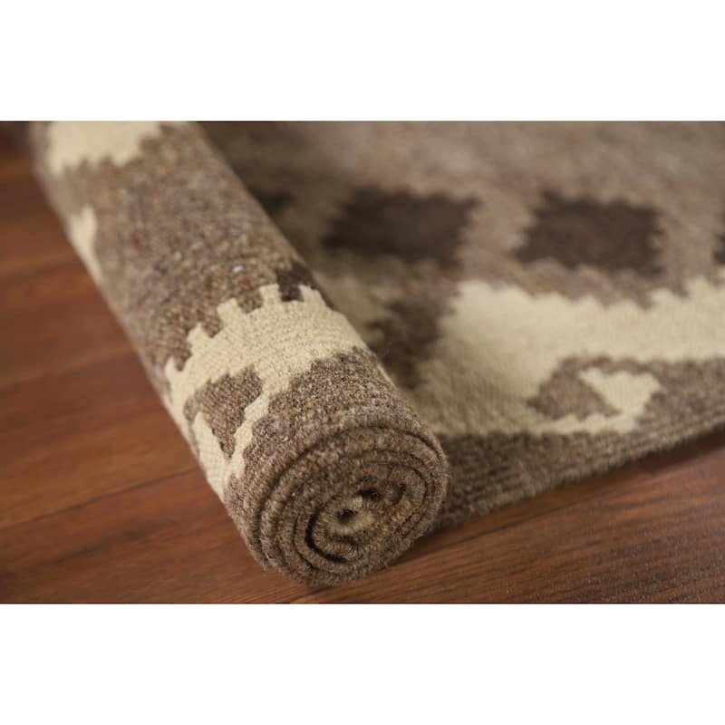 Brown Geometric Kilim Area Rug Oriental Flatweave Wool Carpet - 3'4"x 4'9"