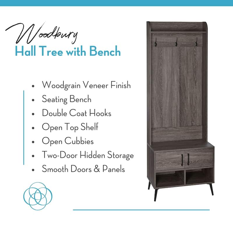 RiverRidge Woodbury Hall Tree with Entryway Bench, Shoe Storage, Coat Hooks & Cubby Storage - Weathered Woodgrain