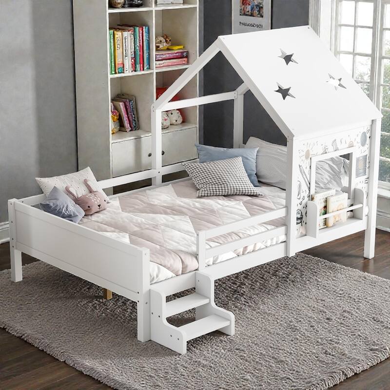 Kids House Platform Bed with Stairs, Star Roof, Window, Bookcase & Blackboard, Solid Wood Low Profile Bed No Box Spring