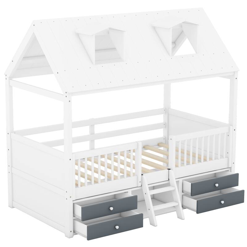Full/Twin Size Wooden House Bed Frame with Roof, Ladder, Ample Storage - Perfect for Kids' Room, Whimsical Design, Easy Access