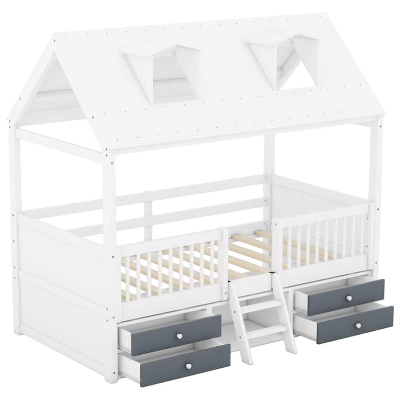 Twin/Full Size Wooden Platform Bed with 4 Drawers and Shelf, Pinewood House Bed Frame with Roof Skylights and Guardrail
