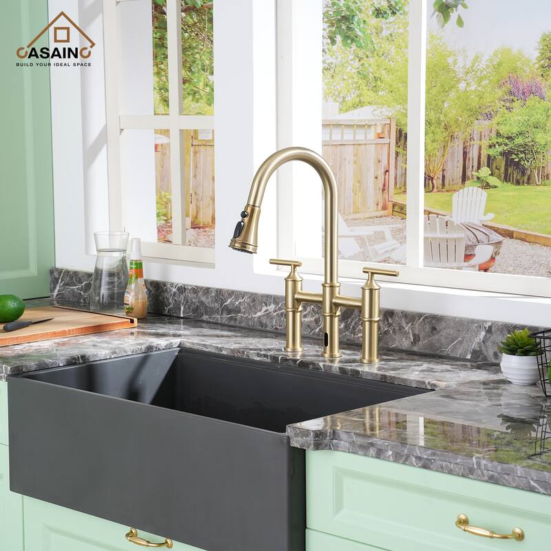 Double Handle Pull-Out Sprayer Bridge Kitchen Faucet