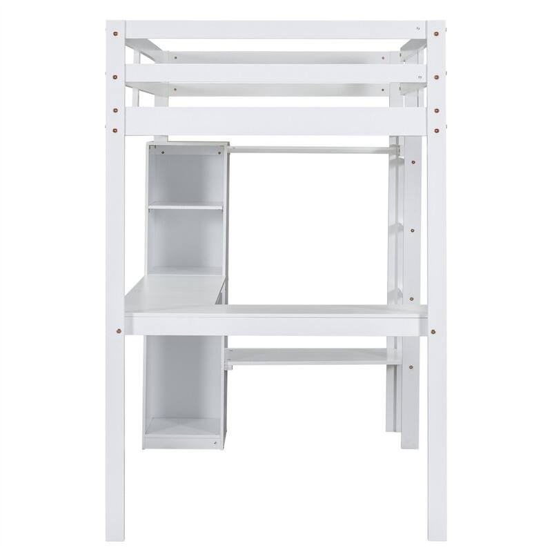 Solid Wood Loft Bed with Bulit-in L-Shaped Desk, Wardrobe and Hanging Rod, Twin/Full Size Loft Bedframe with Storage Shelves