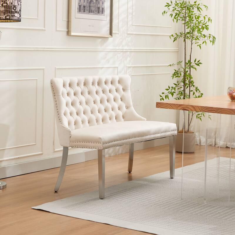 Velvet Double Dining Loveseat Bench, Kitchen & Dining Seating, 2-Seat Tufted Bench w/Handmade Buttons, Wing Back