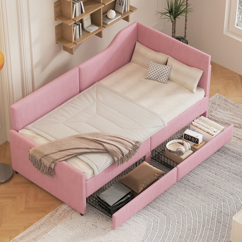 Twin Size L-Shaped Corduroy Daybed,Upholstered Bed Frame with 2 Storage Drawers, Beige