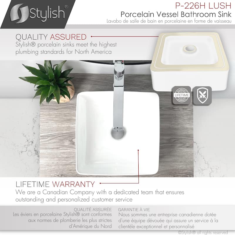 STYLISH 14 1/2 inch Square Porcelain Bathroom Sink - 14 1/2" x 14 1/2" x 5"