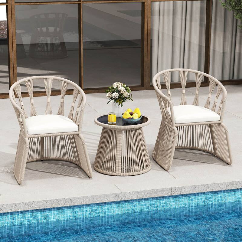 Costway 3 PCS Patio Leisure Chair Set Rope-Woven Armchairs & Table Set - See Details