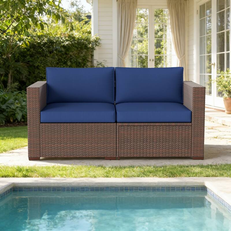 2-piece Outdoor Wicker Sectional Sofa Loveseat Set - Brown and Blue