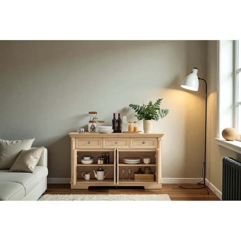 55" Farmhouse Buffet Sideboard Cabinet with Drawers and Doors, Solid Wood Coffee Bar Storage Console for Kitchen