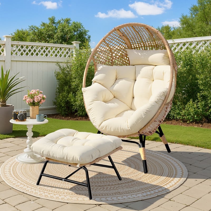 FINCATI Outdoor Wicker Egg Chair Set with Ottoman, Deep Seating, 440 lbs Capacity