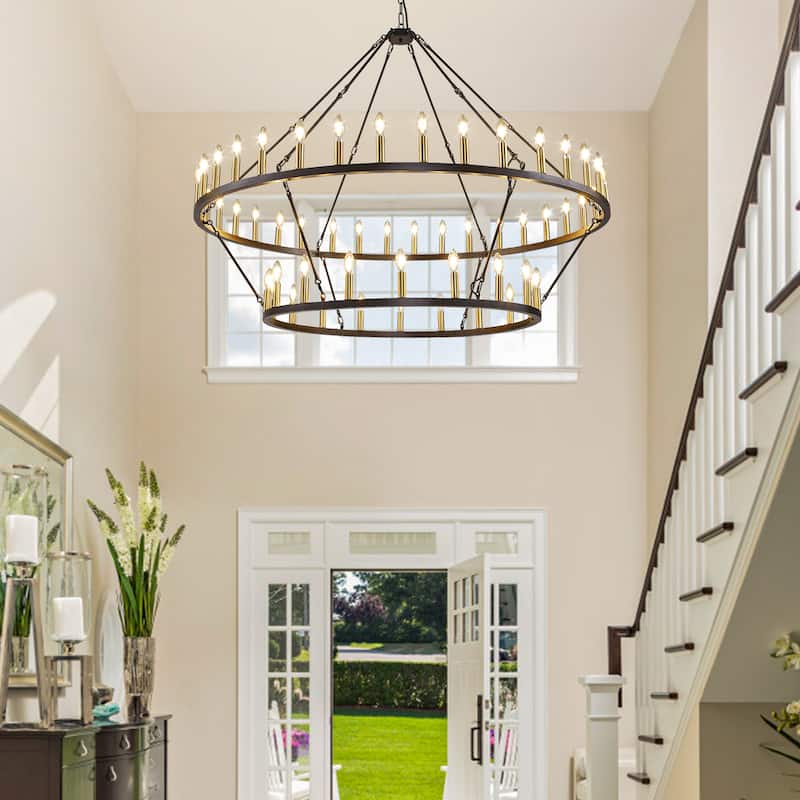 54-Lights Dimmable Two Tiers Wagon Wheel Chandeliers Classic Candle Industrial Chandelier for Living Room Entryway - N/A