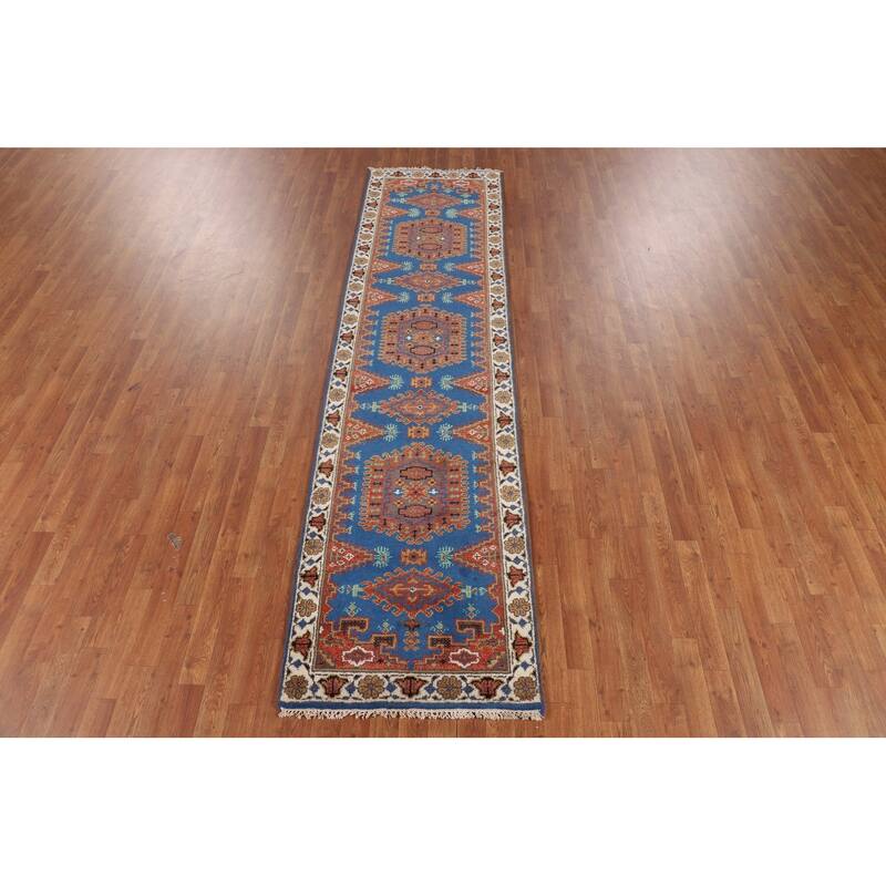 Blue Geometric Viss Indian Runner Rug Handmade Wool Carpet - 2'7"x 10'1"