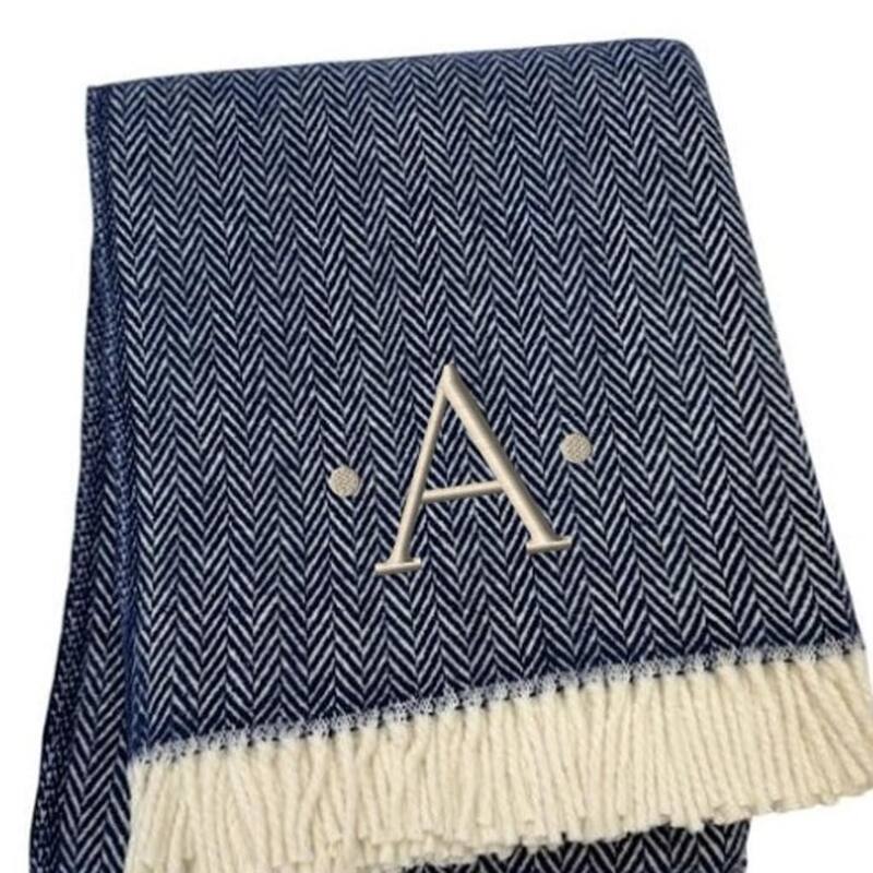 HomeRoots 55" X 70" Navy Blue And White Herringbone Cotton Blend A Initial Throw Blanket with Tassels And Embroidery