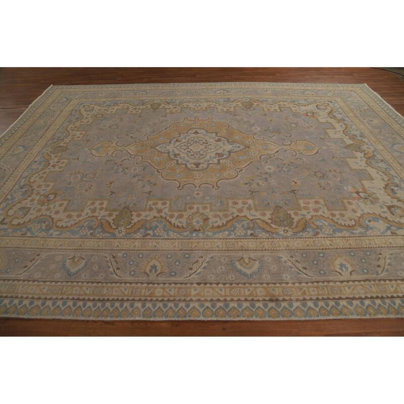 Geometric Tabriz Persian Area Rug Handmade Grey Wool Carpet - 9'3"x 12'4"