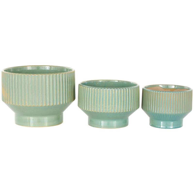 Green, Cream or White Ceramic Wide Planter with Linear Grooves and Tapered Bases (Set of 3)