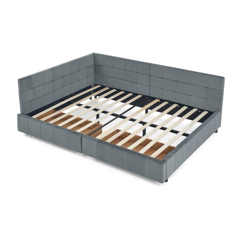 Full Size Velvet Upholstered Tufted Bed Frame with Storage, Comfortable Backrest and Armrests, Grey