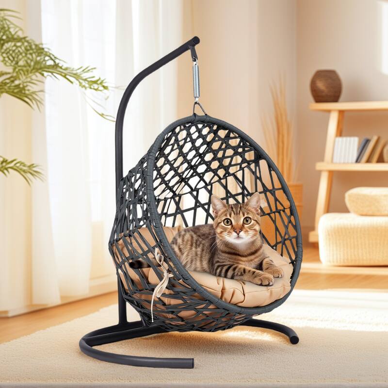 Pet Hanging Swing Bed, Rattan Hammock with Removable Soft Cushion, Cat Swing Bed with Stand & Cushion, Small Animals