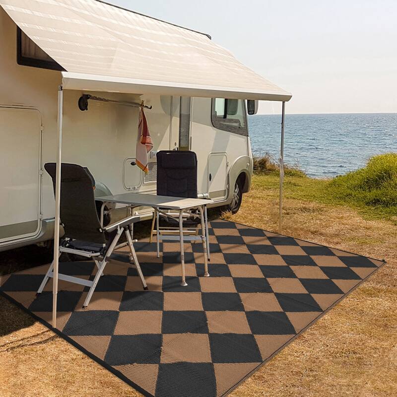 Outdoor Rug Waterproof Reversible Rug Plastic Straw Rug Checkered Floor Mat Outside Carpet for Camping RV Backyard Patio