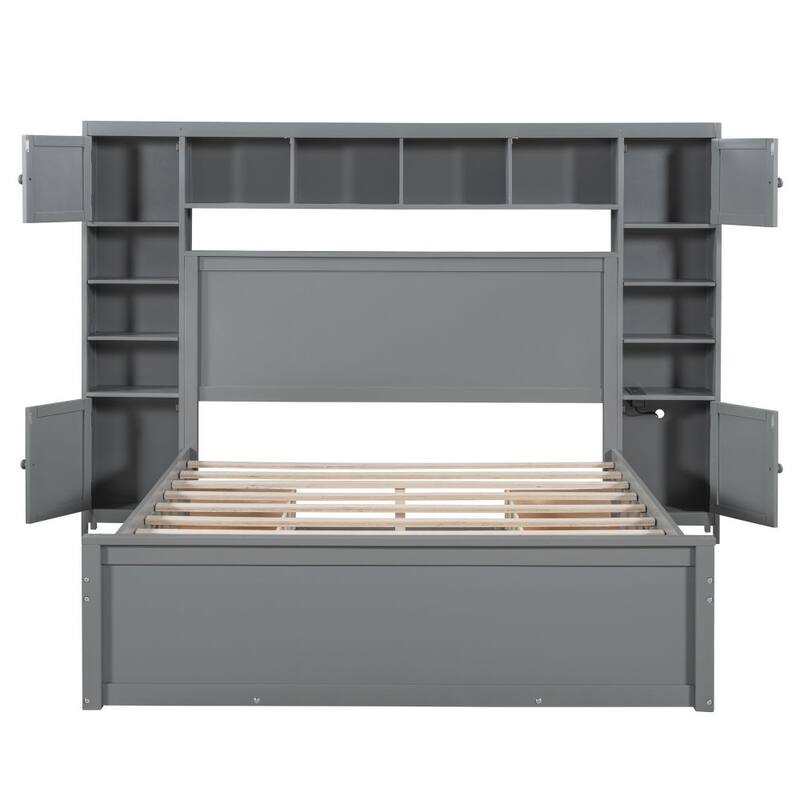 Queen Size Wooden Bed With All-in-One Cabinet, Shelf and Sockets