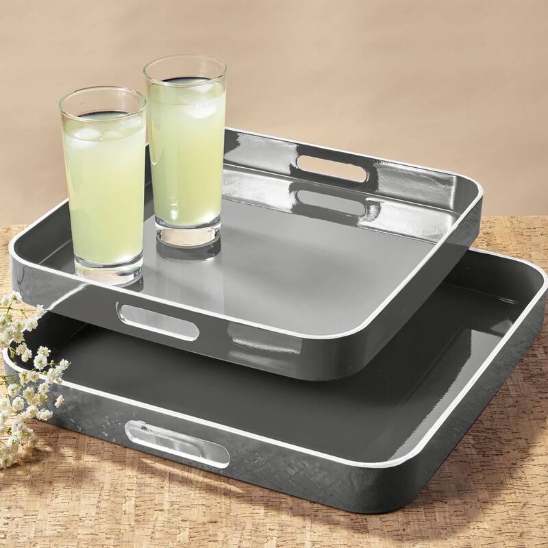 Gray Square Set Of 2 Trays with White Rim