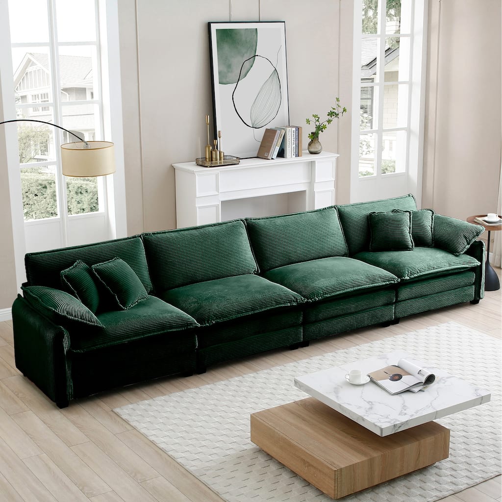 Green 150" Corduroy Upholstered 4-seater Modular Sectional Sofa with 6 Pillows, Free Combination Design