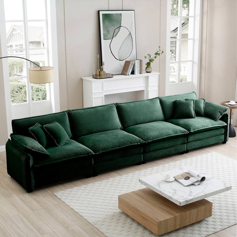 Green 150" Corduroy Upholstered 4-seater Modular Sectional Sofa with 6 Pillows, Free Combination Design - Green