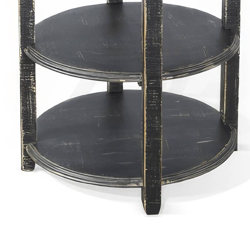 Rena Side End Table with 2 Shelves, 24 Inch Round Black Mahogany Wood
