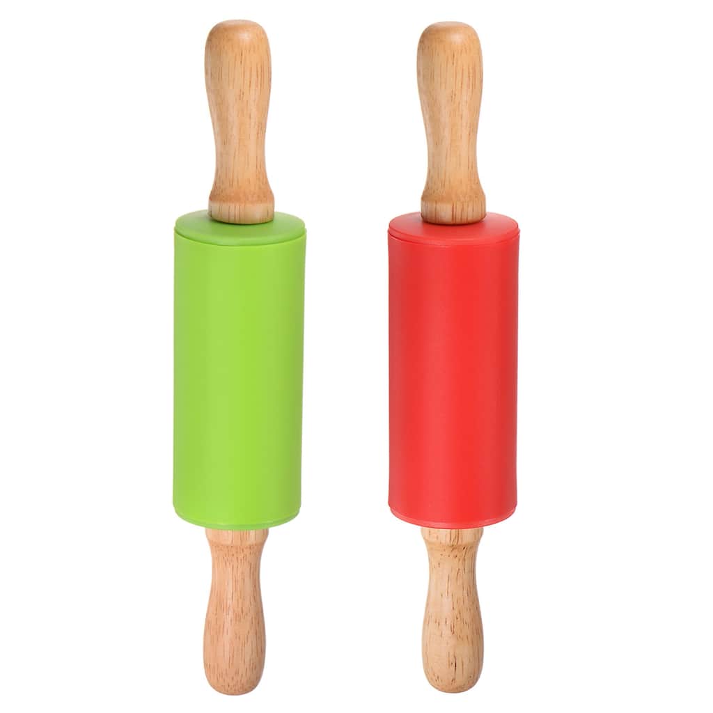 Silicone Rolling Pins for Baking Wood Handle 23.5cm x 4.2cm Green & Red - Green & Red
