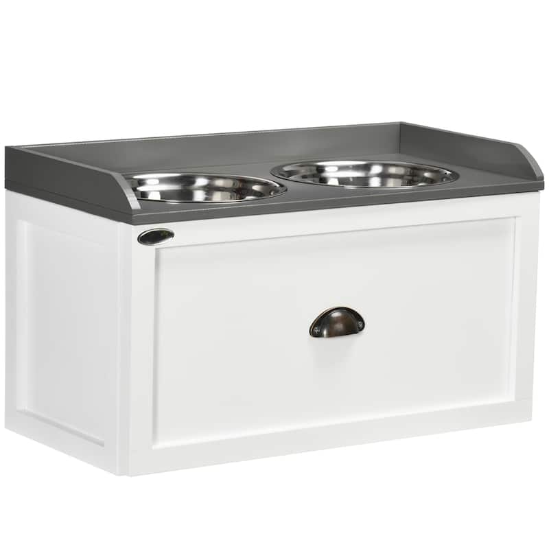 PawHut Dog Feeding Station with Storage Drawer, Removable Elevated Dog Bowls for Large Sized Dogs, White and Black