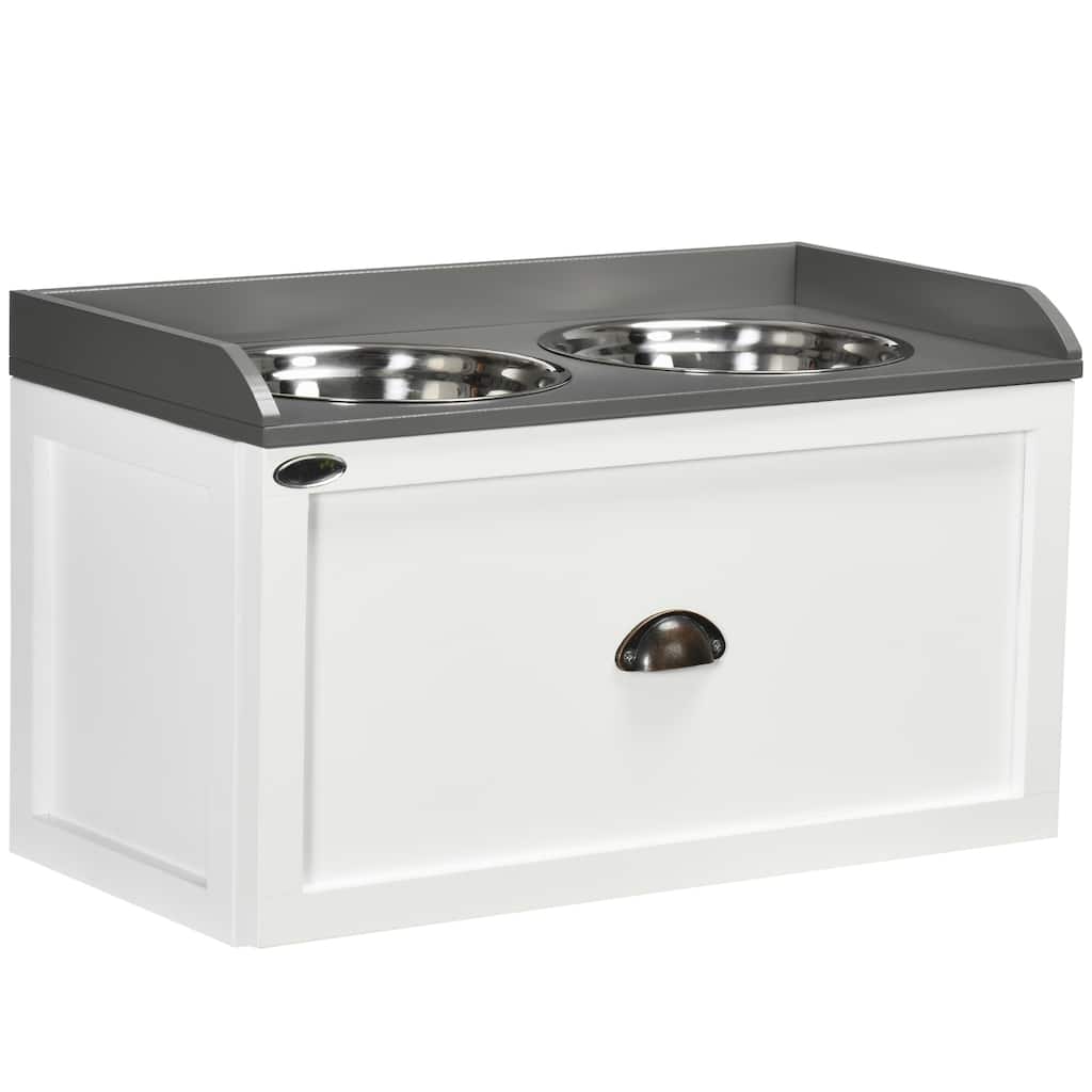 PawHut Dog Feeding Station with Storage Drawer, Removable Elevated Dog Bowls for Large Sized Dogs, White and Black