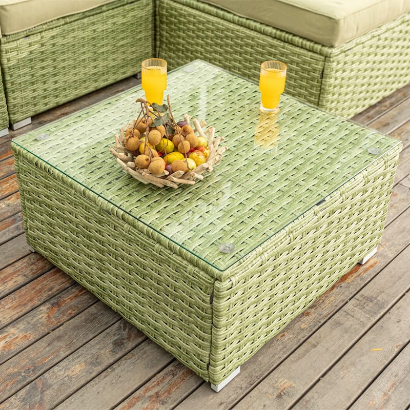 COSIEST Outdoor Furniture Wicker Glass-Top Coffee Table