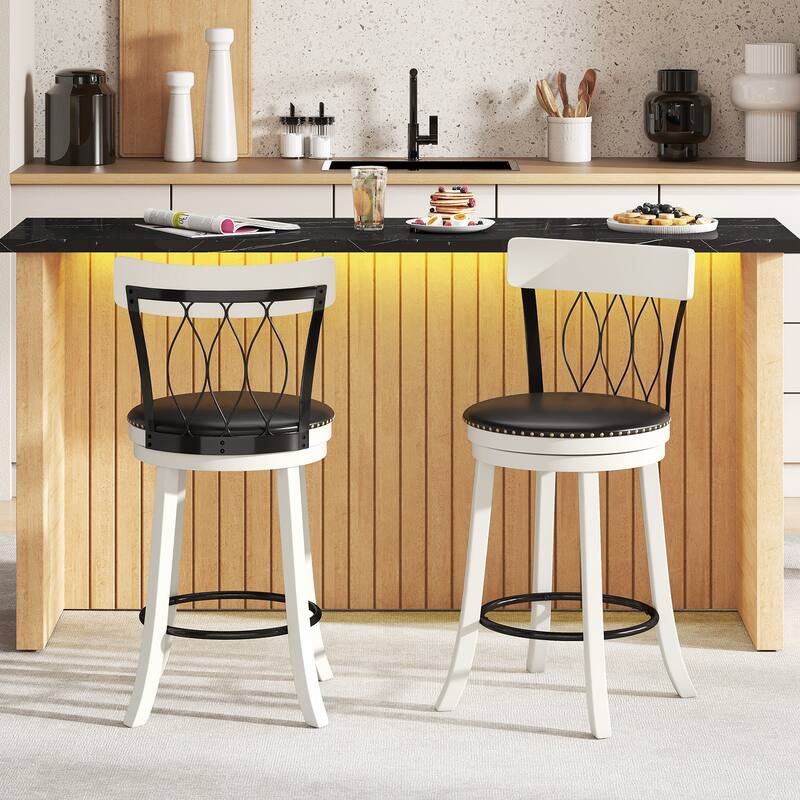 Set of 2 Swivel Bar Stools with Backrest and Tufted Faux Leather Seat for Kitchen Island - 26-Inch